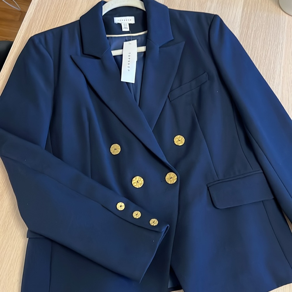 NWT TOPSHOP Navy Double-Breasted Gold Button Women's Blazer